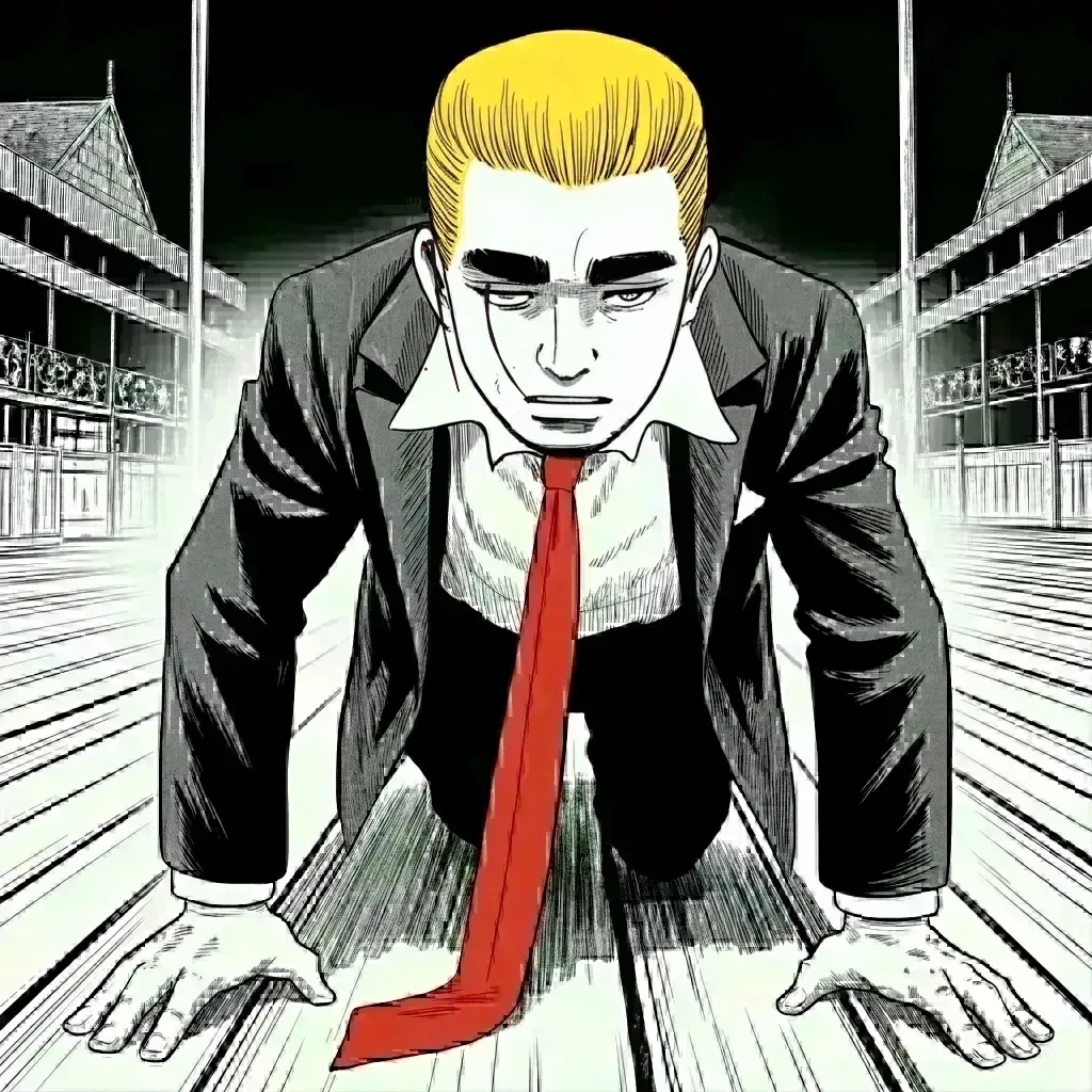 Manga panel 2 of 6, Week 474 “Fight Fight Fight”: Down on his hands and knees on the stage boards, head hung low, blood streaming from his ear across his cheek — he stares at the boards, trying to understand what has just happened.