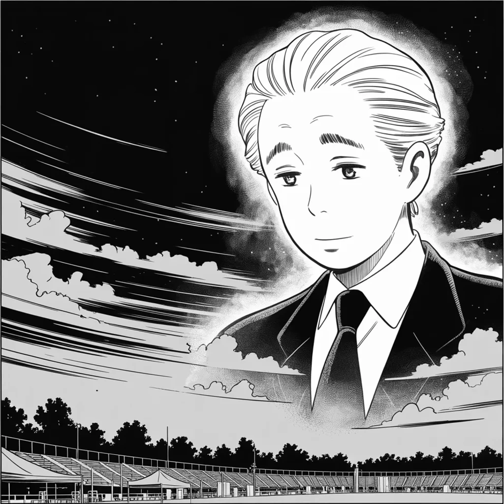 Manga panel 3 of 6, Week 474 “Fight Fight Fight”: Out of the darkening sky over the fairground, the ghost of an old friend — a fallen statesman from the East — gazes down and calls him by name.