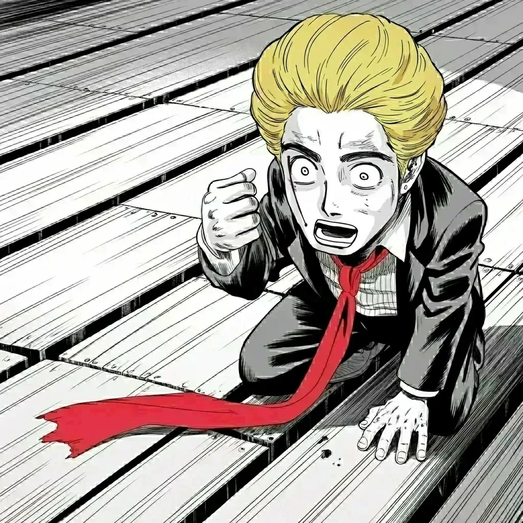 Manga panel 4 of 6, Week 474 “Fight Fight Fight”: Bowed low over the boards with blood streaking down his cheek and his hand at his mouth, he lifts his eyes to the evening sky and breathes a dead friend's name.