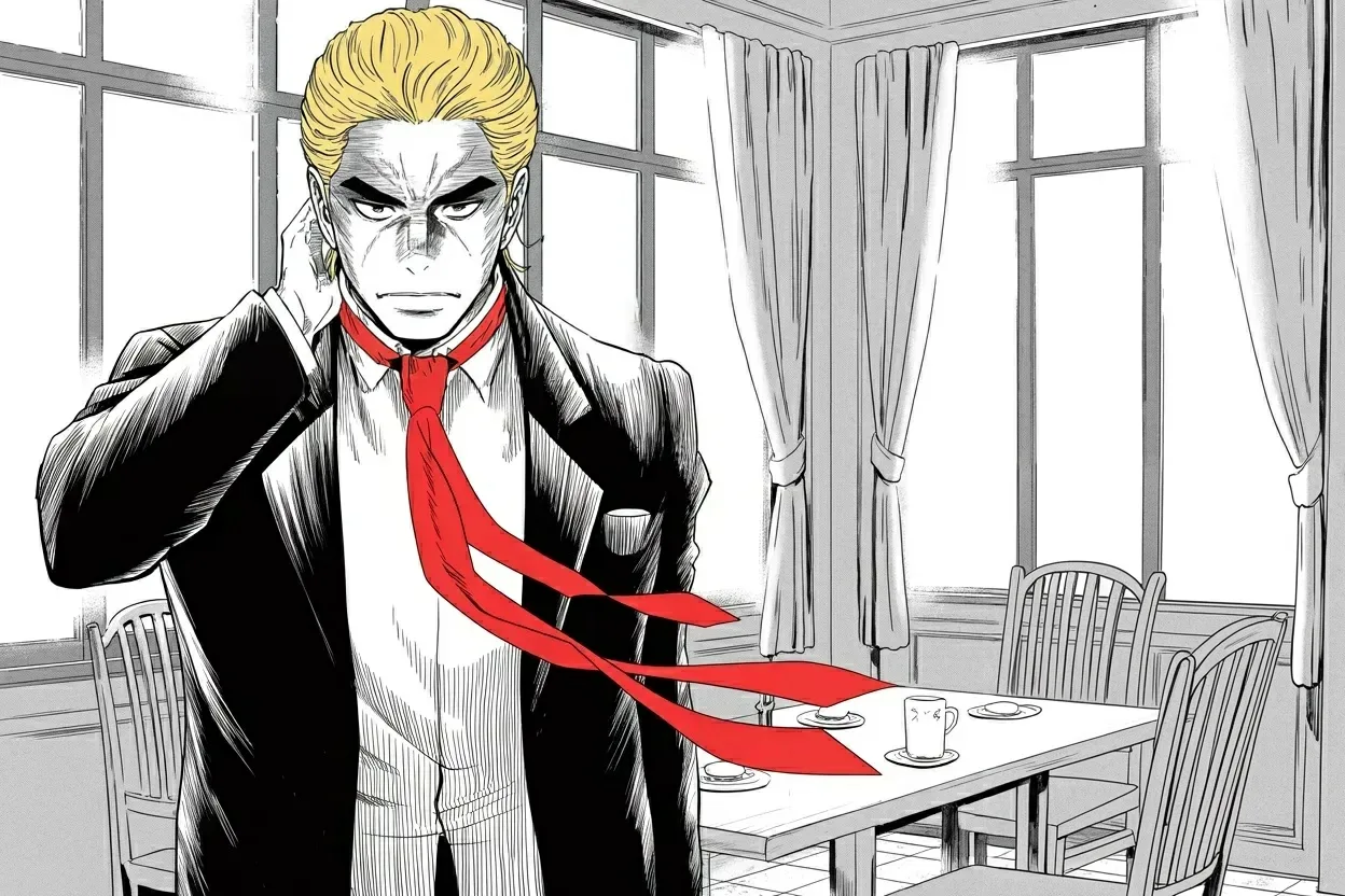 Manga panel 2 of 4, Week 477 “Black Monday”: Thursday the fight becomes a joke about an old photograph, delivered with perfect courtesy and no mercy at all.