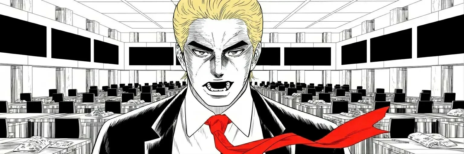 Manga panel 4 of 4, Week 477 “Black Monday”: Monday the markets fall out from under everyone at once, from Tokyo outward, and he is awake to count the wreckage before the country is.