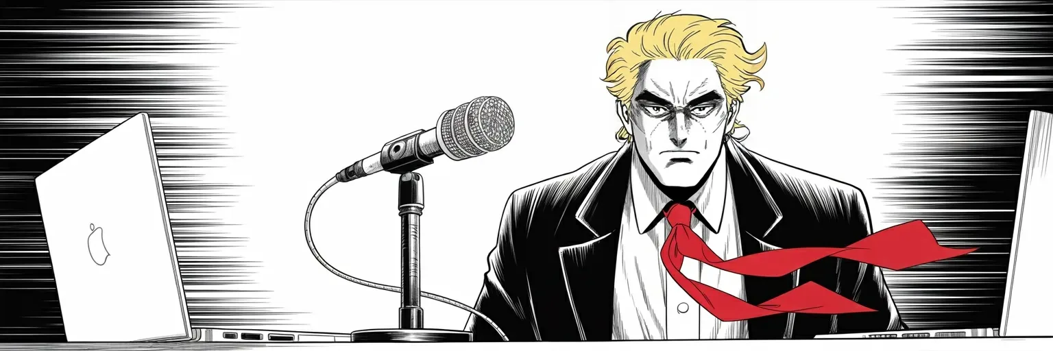 Manga panel 5 of 5, Week 478 “The Crowd Count”: Monday night he puts on a headset in a dark room and talks to the world for two and a half hours; the servers give out under the audience.