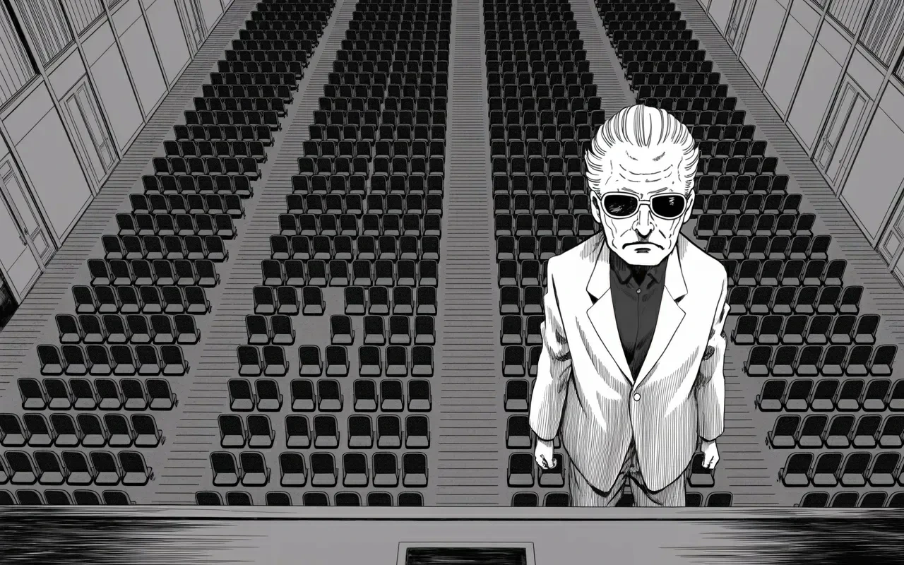 Manga panel 3 of 4, Week 479 “Death Valley”: They give the man he beat the opening night — the hour nobody watches — and call it an honor. He watches it done and finds no joy in it.