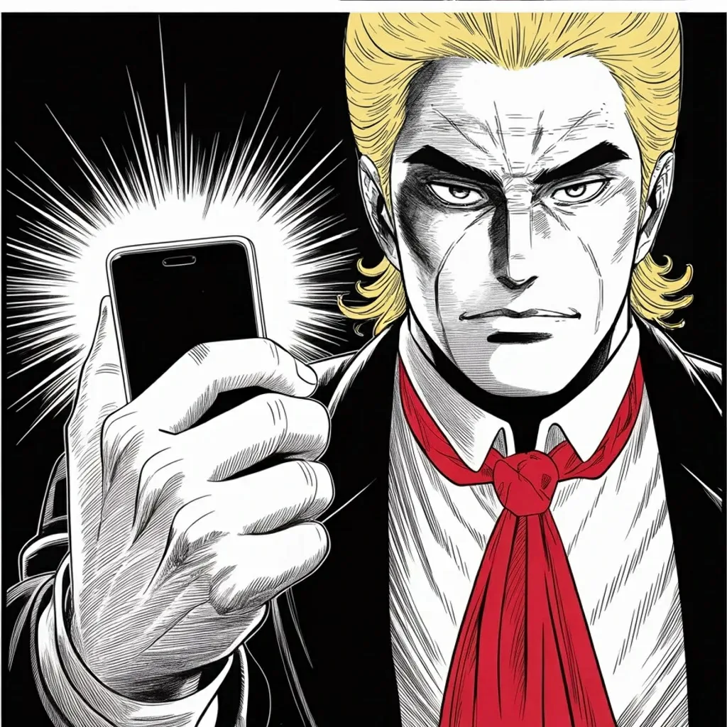 Manga panel 2 of 5, Week 480 “The Coronation”: Thursday at ten he starts covering her coronation live, post by post — a running commentary on a party he was not invited to.