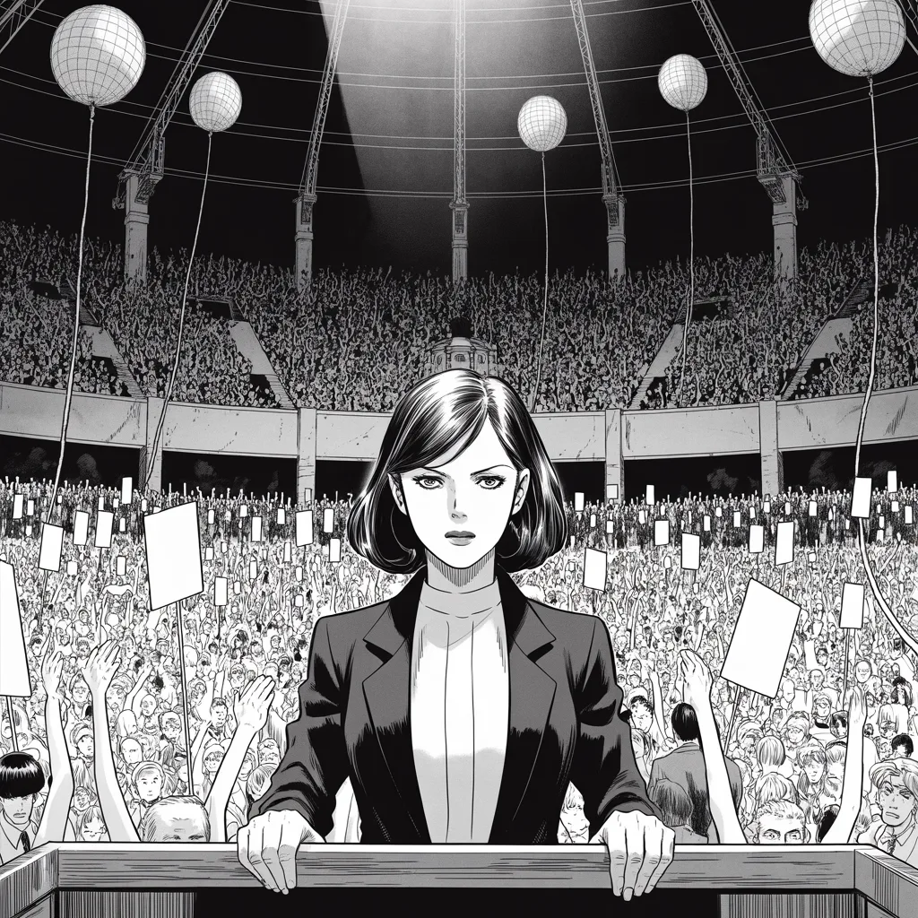 Manga panel 3 of 5, Week 480 “The Coronation”: Thursday night the hall crowns her. Four weeks earlier she was a deputy nobody expected to see on a ballot; now the balloons come down for her.