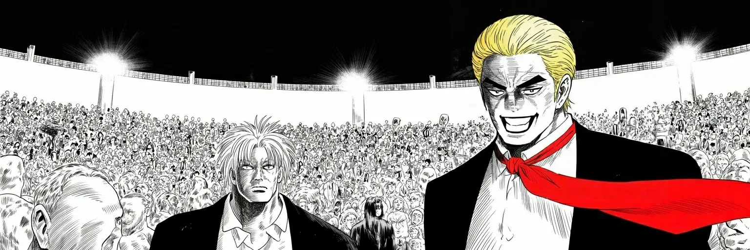 Manga panel 5 of 5, Week 480 “The Coronation”: Friday in the desert the advertised surprise walks out of the wing: the heir of the family that has opposed his for sixty years, endorsing him by name.