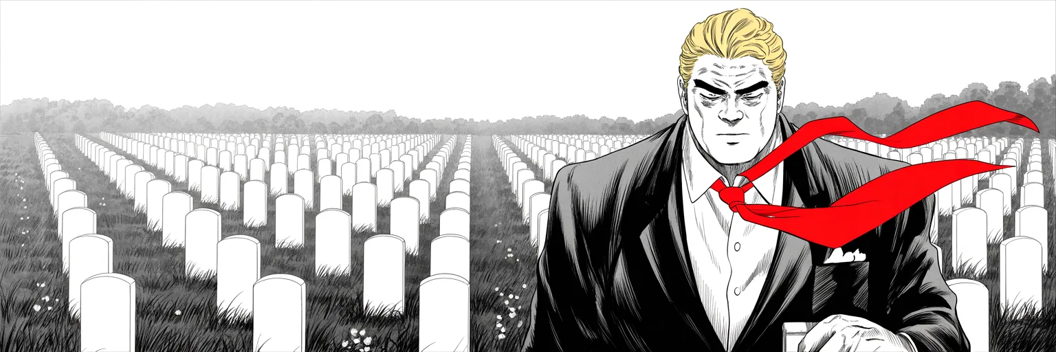 Manga panel 4 of 4, Week 481 “Sixty Days”: Sunday the arithmetic stops. He stands among white stones in Virginia with families who asked him to come, and for one page nobody shouts.
