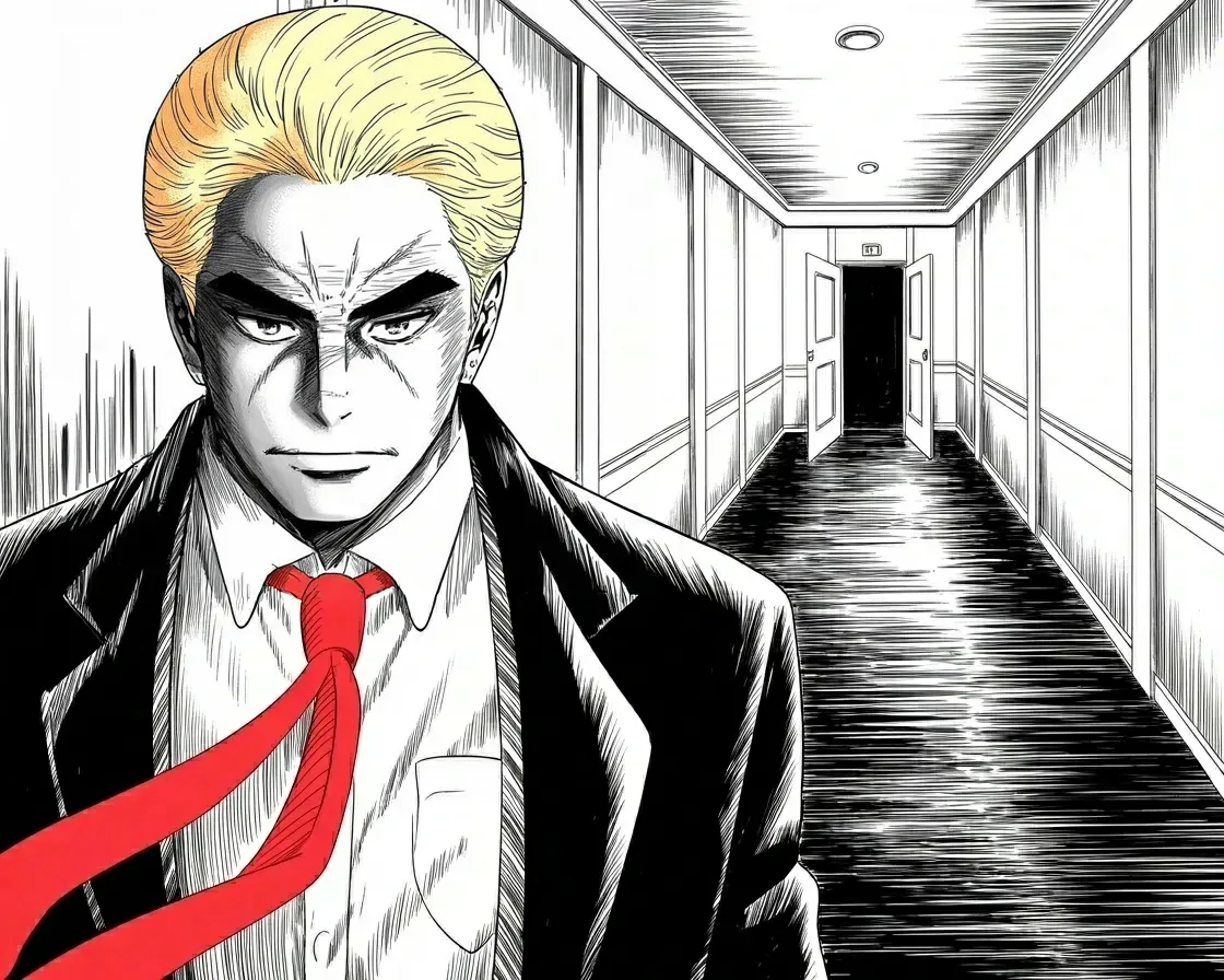 Manga panel 2 of 4, Week 482 “November 26”: Friday the judge moves the sentencing to the twenty-sixth of November — three weeks after the country votes. The penalty steps aside and waits.