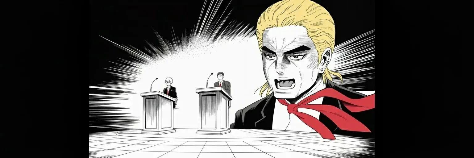 Manga panel 1 of 5, Week 483 “The Second Rifle”: Tuesday night in Philadelphia the duel finally happens — and a question about one small Ohio town produces a sentence that leaves the building.