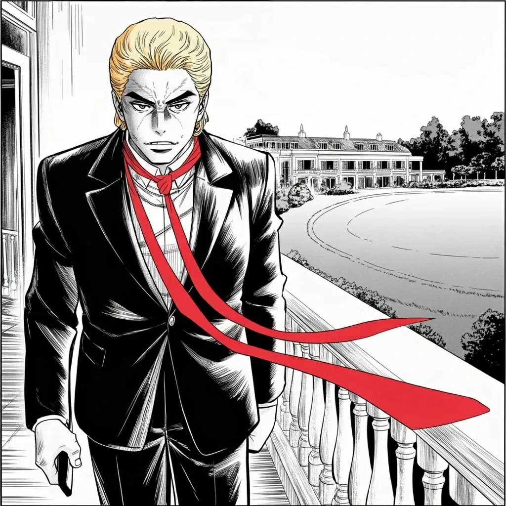 Manga panel 4 of 5, Week 483 “The Second Rifle”: Sunday, a quarter to eleven: he is still fighting the singer who endorsed her, in capital letters, from a terrace above his own golf course.