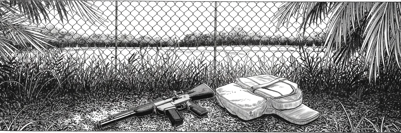 Manga panel 5 of 5, Week 483 “The Second Rifle”: Ninety minutes later a barrel is found resting in the fence line of his own course. A weapon, a bag, and a man gone before anyone saw a face.