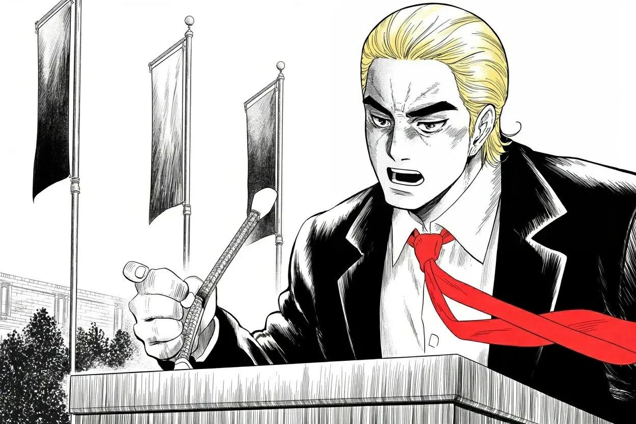 Manga panel 3 of 4, Week 484 “The First Ballots”: Friday, 11:18 a.m.: anyone voting illegally goes to jail. Two minutes later he notes, mildly, that a song about him is number one.