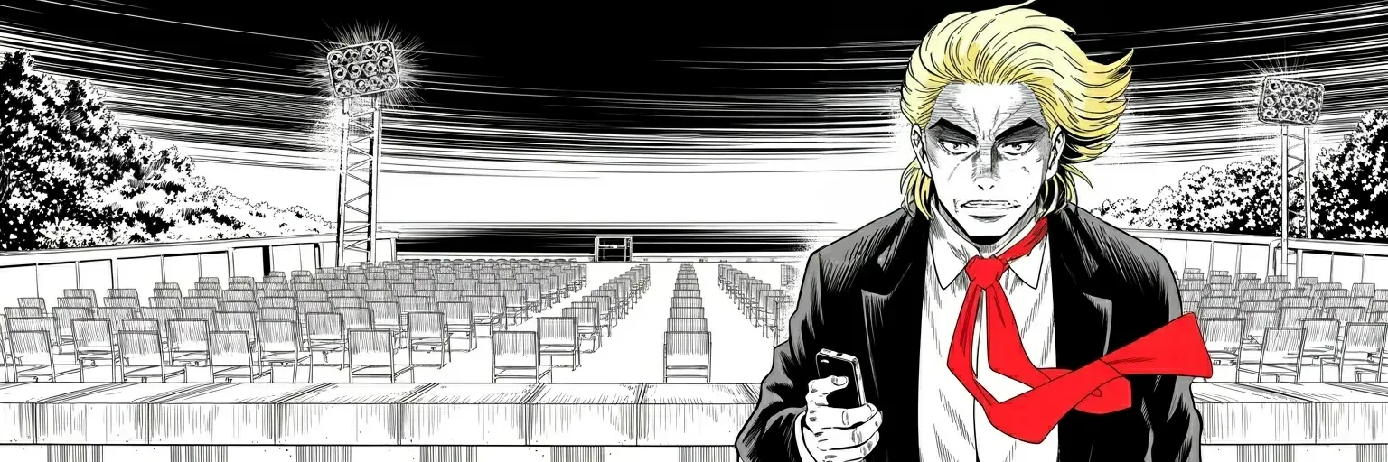 Manga panel 4 of 4, Week 484 “The First Ballots”: Saturday he takes Wilmington. Just after midnight, with the field emptied and the lights coming down, he thanks North Carolina.