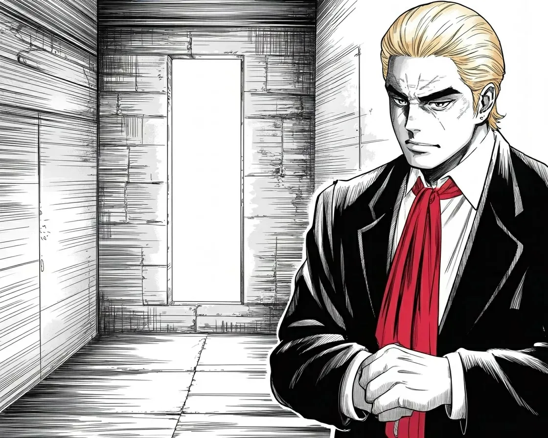 Manga panel 2 of 4, Week 485 “The Flood”: Sunday at half past twelve he posts a prayer — the archangel, defense in battle, the snares of the devil — word for word, and nothing else.