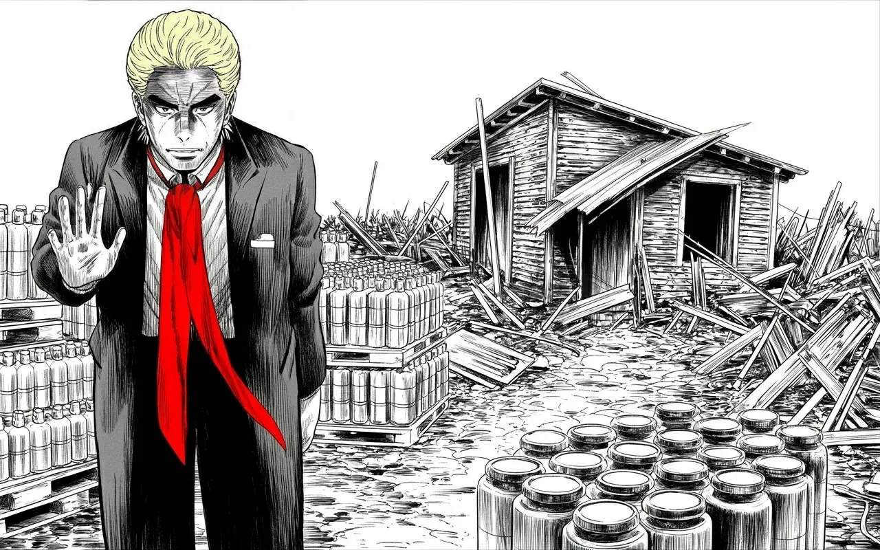 Manga panel 3 of 4, Week 485 “The Flood”: Monday he flies into Valdosta with truckloads of fuel and water, and stands in a debris field where a family's house used to be.