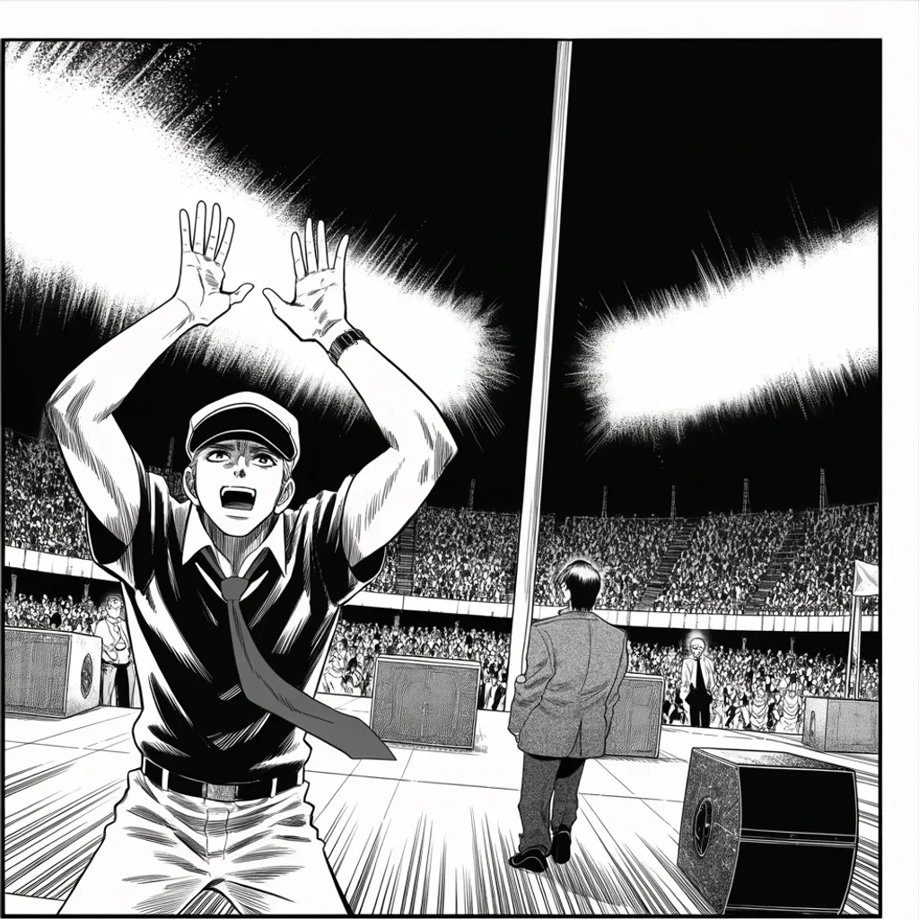Manga panel 4 of 5, Week 486 “Return to Butler”: The richest man in the world jumps onto the stage behind him in a black cap, both arms over his head, feet off the boards.