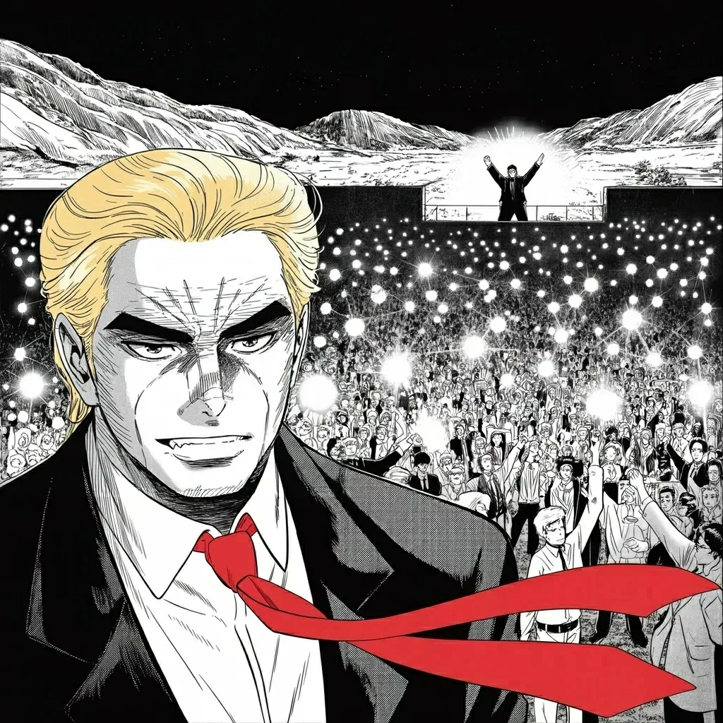 Manga panel 3 of 5, Week 487 “Thirty-Nine Minutes”: Saturday he fills a desert ground in a California county his party has not carried in a generation, and afterwards puts the number at a hundred thousand.