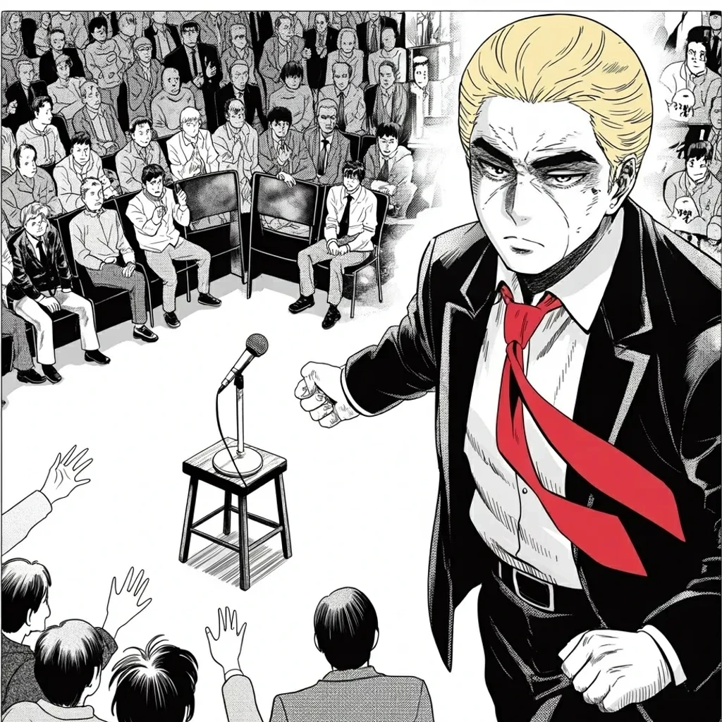 Manga panel 4 of 5, Week 487 “Thirty-Nine Minutes”: Monday, in a hot hall outside Philadelphia, two people faint in the crowd twenty minutes apart. He calls for the doctors.