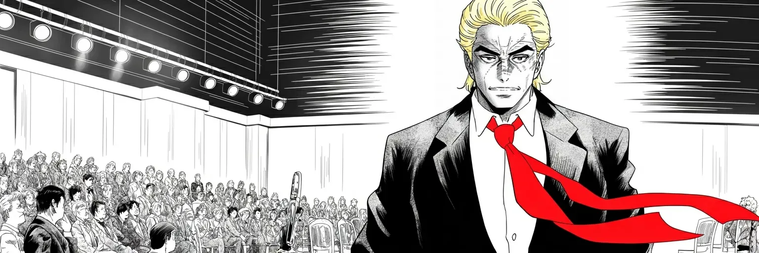 Manga panel 5 of 5, Week 487 “Thirty-Nine Minutes”: Then he stops taking questions and asks for music. For thirty-nine minutes he sways to his own playlist in front of a full room, and nobody leaves.