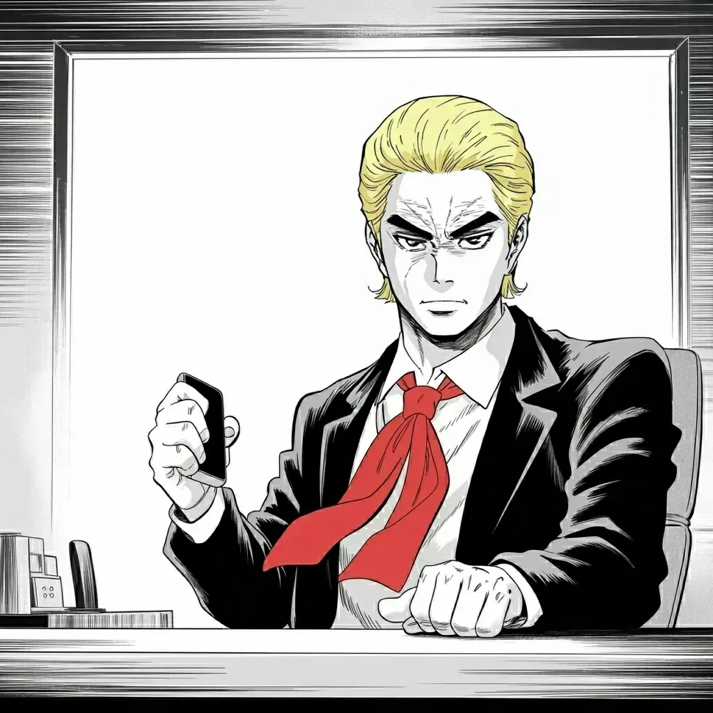 Manga panel 2 of 5, Week 488 “The Fry Station”: Thursday at one he demands a broadcaster be pulled off the air over a spliced answer, and calls it the biggest scandal in the history of broadcasting.