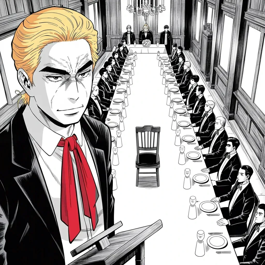 Manga panel 3 of 5, Week 488 “The Fry Station”: Thursday night, white tie at the cardinal's dinner: the seat across the dais is empty because she sent a video instead.