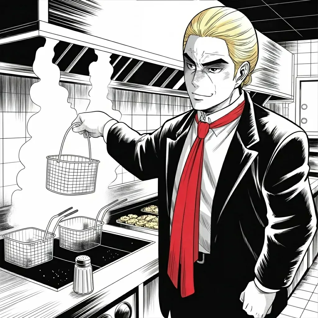 Manga panel 4 of 5, Week 488 “The Fry Station”: Sunday he ties an apron over the suit and works twenty minutes at a fryer in a suburban kitchen north of Philadelphia.