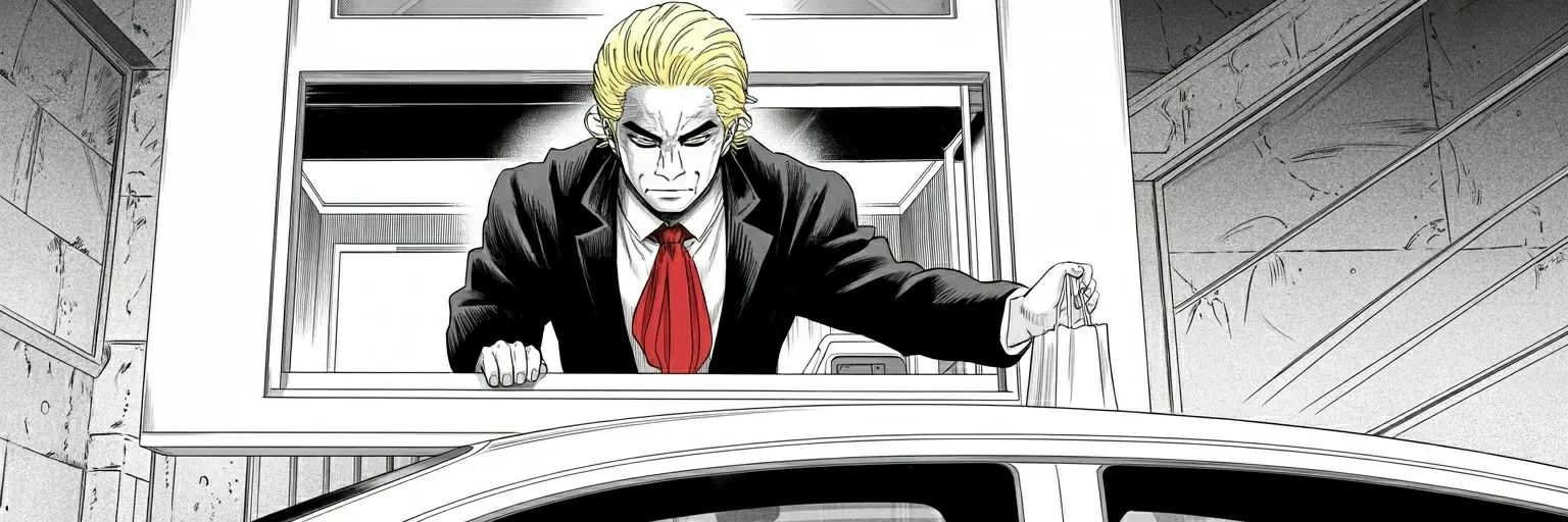 Manga panel 5 of 5, Week 488 “The Fry Station”: Then he leans out of the drive-thru window and hands paper bags to cars that were let in for the purpose. It is the picture of the month.