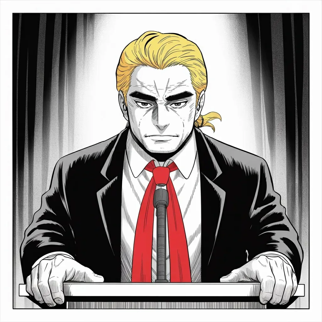 Manga panel 3 of 5, Week 489 “The Garden”: Saturday he promises a rally that under his presidency the ice cream machines will work again — and means it exactly as much as everything else.