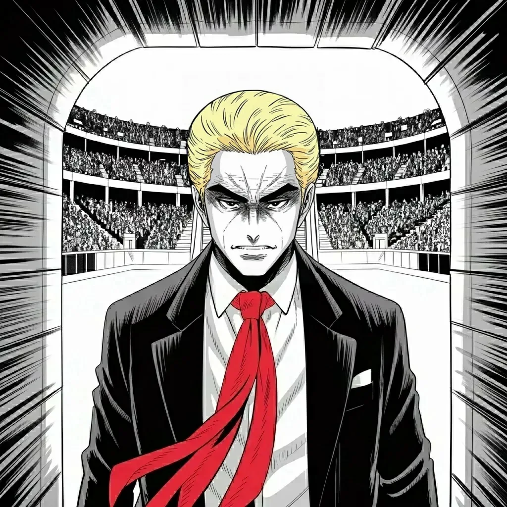 Manga panel 4 of 5, Week 489 “The Garden”: Sunday he takes the arena his city would not give him for forty years, walking out of the tunnel into twenty thousand people.