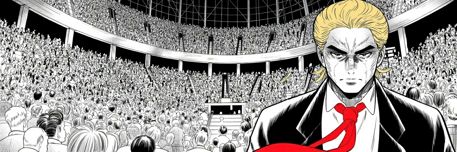 Manga panel 5 of 5, Week 489 “The Garden”: Twenty thousand inside, the queue around the block since dawn. It is the room his city withheld for forty years, and it is full.