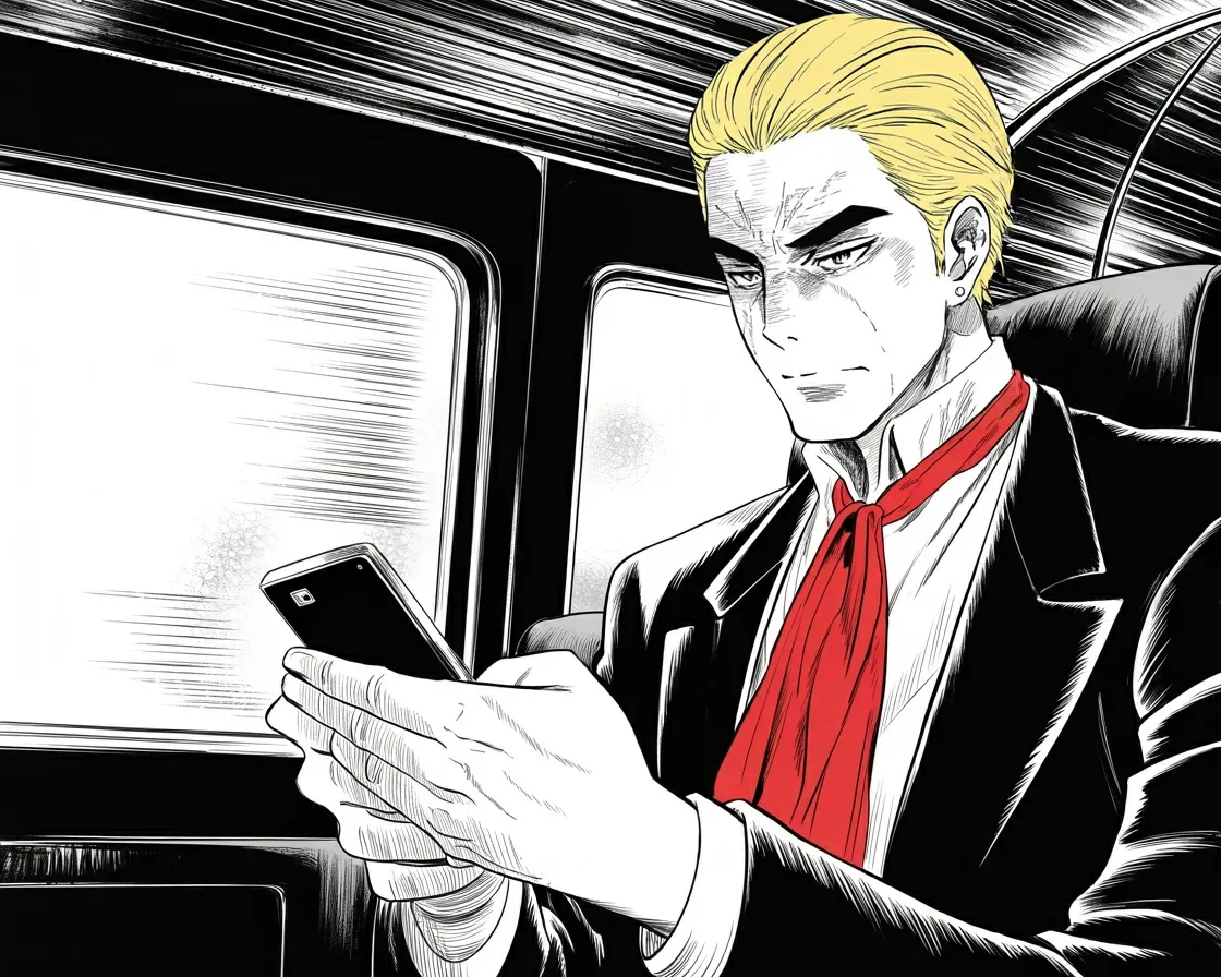 Manga panel 2 of 4, Week 490 “The Orange Vest”: The same morning, before any of it: Pennsylvania is cheating, law enforcement must act now. The insurance policy is written while he is still winning.
