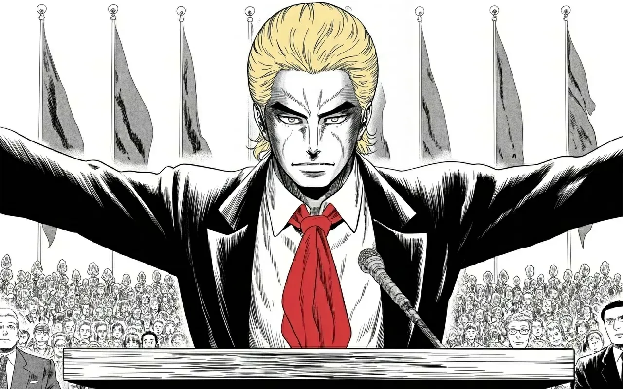 Manga panel 3 of 4, Week 490 “The Orange Vest”: Monday afternoon, four words on the way to the last stage of the last campaign: coming soon, the golden age of America.