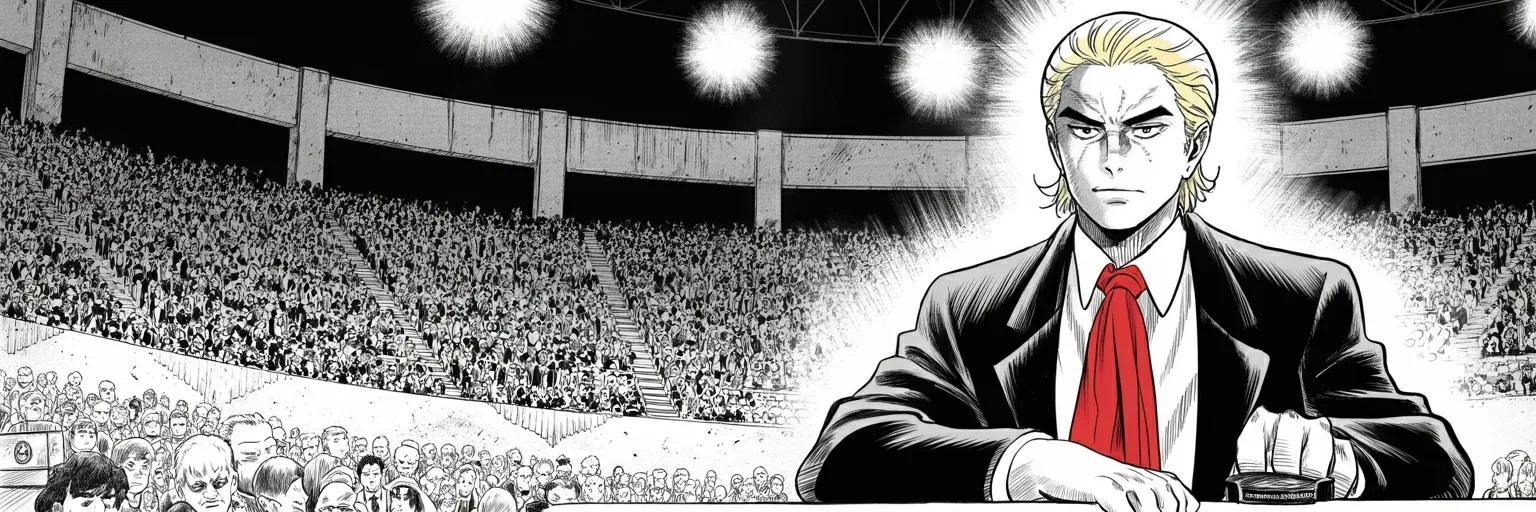 Manga panel 4 of 4, Week 490 “The Orange Vest”: Grand Rapids, after one in the morning: four states, five stages, and a voice nearly gone. The last rally of the last campaign of his life.
