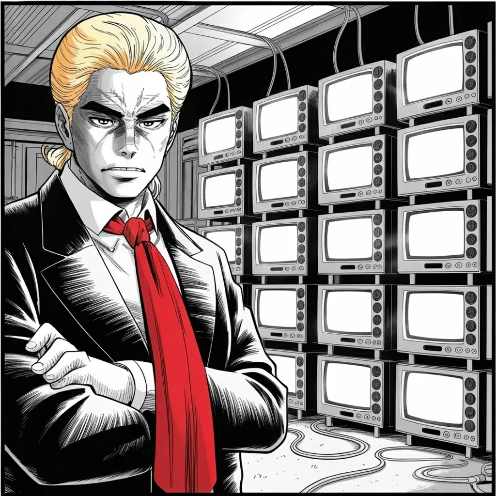 Manga panel 3 of 6, Week 491 “The Arithmetic”: Then the numbers begin, and they do not wobble. North Carolina, Georgia, Pennsylvania, Wisconsin — every swing state falls.