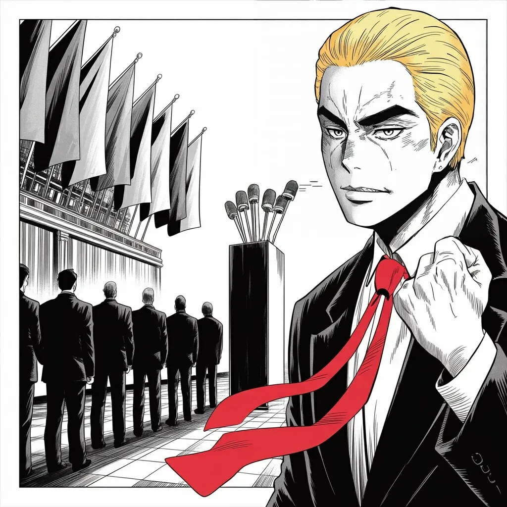 Manga panel 4 of 6, Week 491 “The Arithmetic”: At half past two in the morning in Florida he sets the knot, and goes out to call it the greatest political movement of all time.