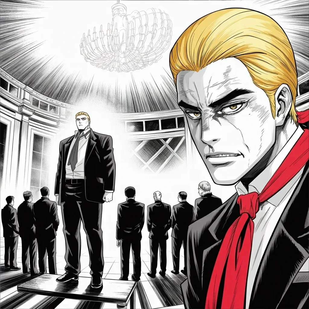 Manga panel 2 of 5, Week 492 “Kiss the Ring”: Under the chandelier the court is handed out by the hour — including a whole department of government invented on the spot for the richest man alive.