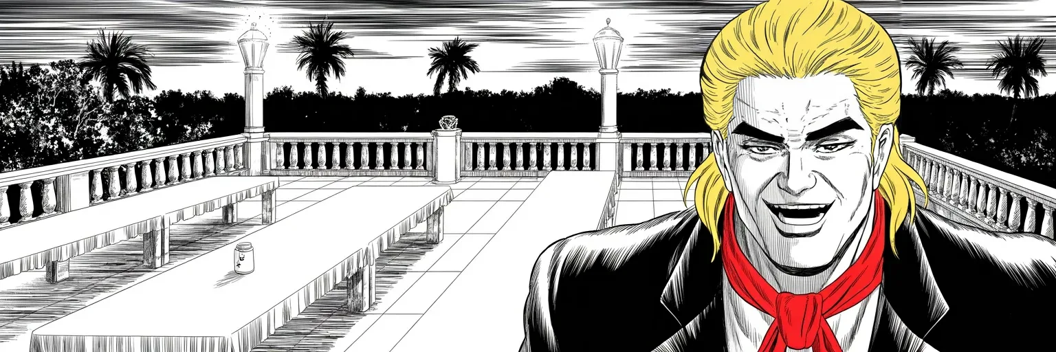 Manga panel 5 of 5, Week 492 “Kiss the Ring”: Sunday night on the terrace he totals it up in four sentences: the best week anyone has had, and sixty-four days still to wait.