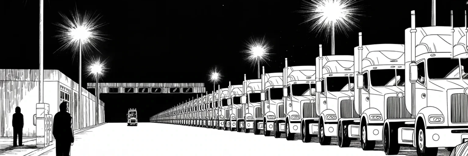 Manga panel 5 of 5, Week 493 “The Calendar”: That evening he writes the first executive order of a term that has not started: twenty-five percent on everything crossing from either neighbour.