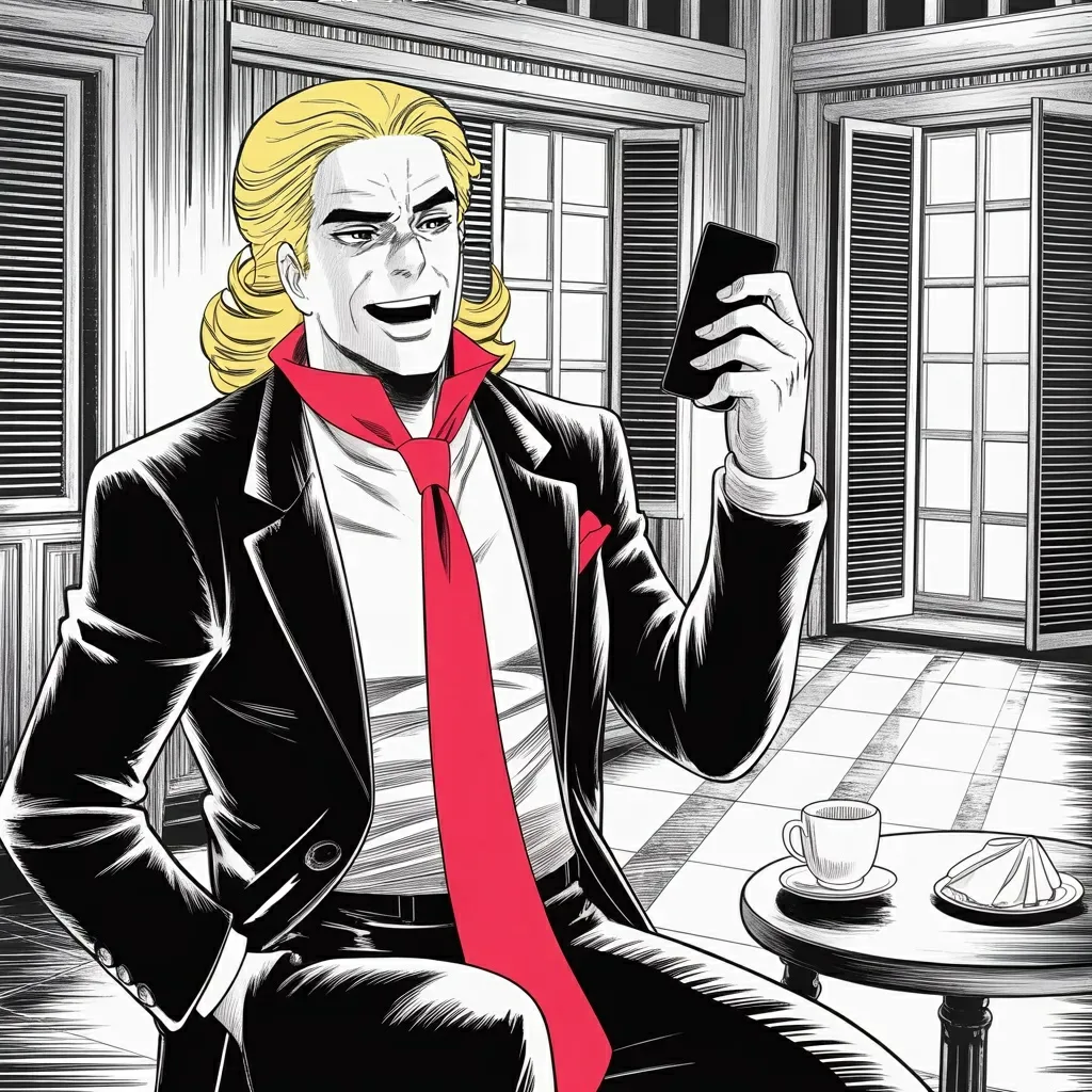 Manga panel 2 of 5, Week 495 “You're Welcome”: Thursday morning a currency no government issues crosses a hundred thousand dollars, and he takes the credit in three exclamation marks.