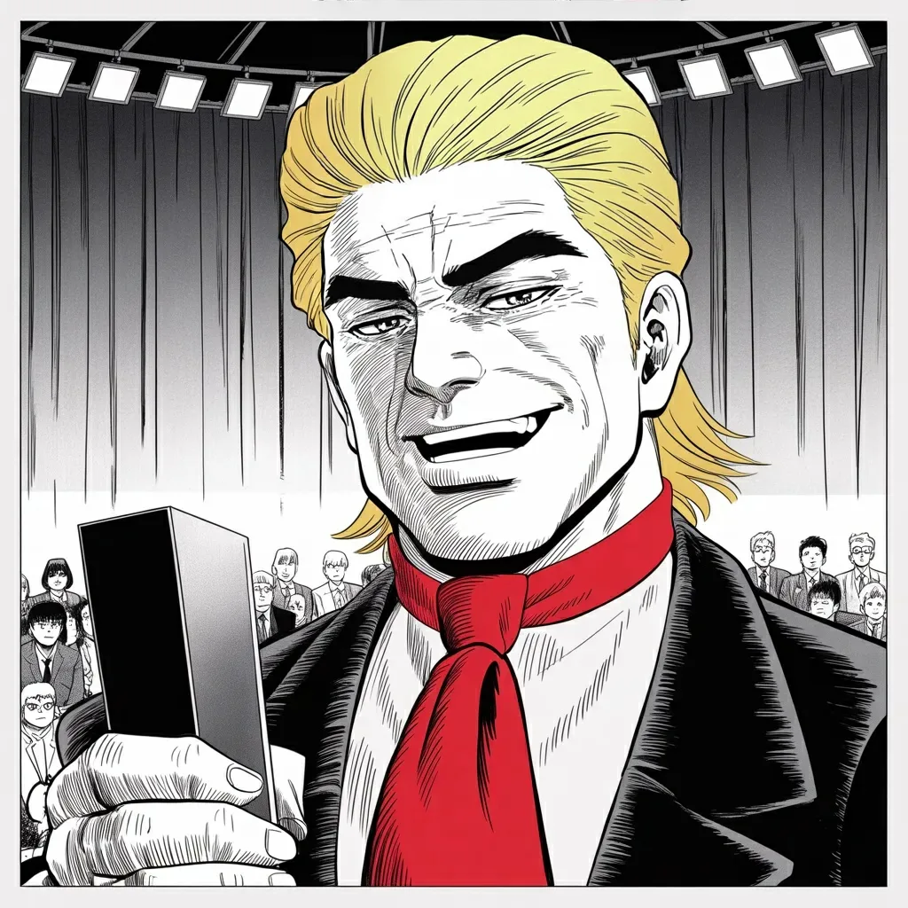 Manga panel 4 of 5, Week 495 “You're Welcome”: A network hands him an award on a Thursday night in New York, and he thanks it by name at one in the morning.