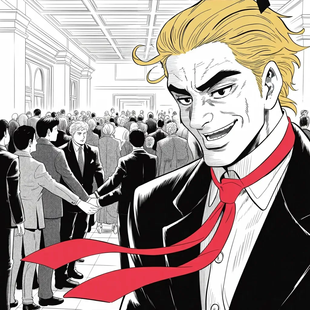 Manga panel 2 of 5, Week 497 “The United States Canal”: Six words on a Thursday morning, and they are the truest thing anyone writes all December: everybody wants to be his friend.