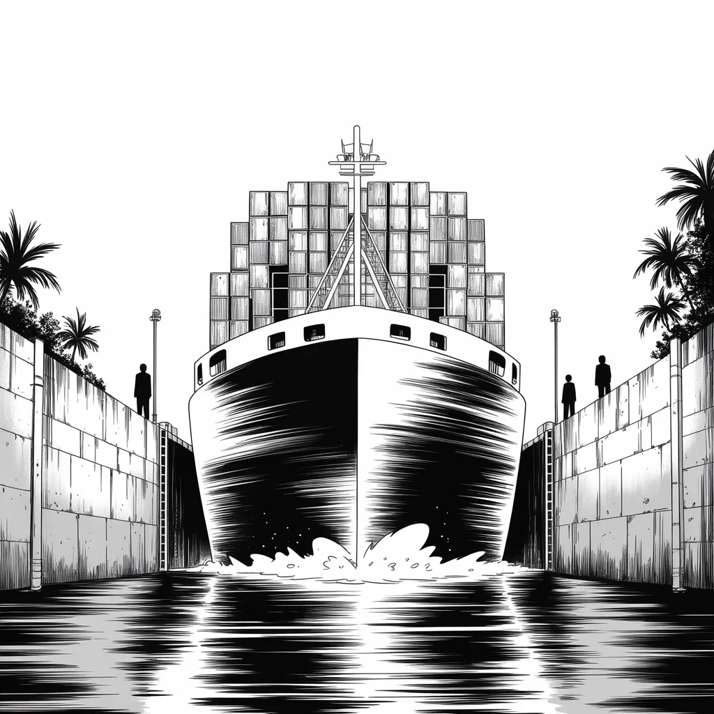 Manga panel 4 of 5, Week 497 “The United States Canal”: By the weekend he has stopped arguing about spending bills and started redrawing the map — beginning with a canal that is not his.