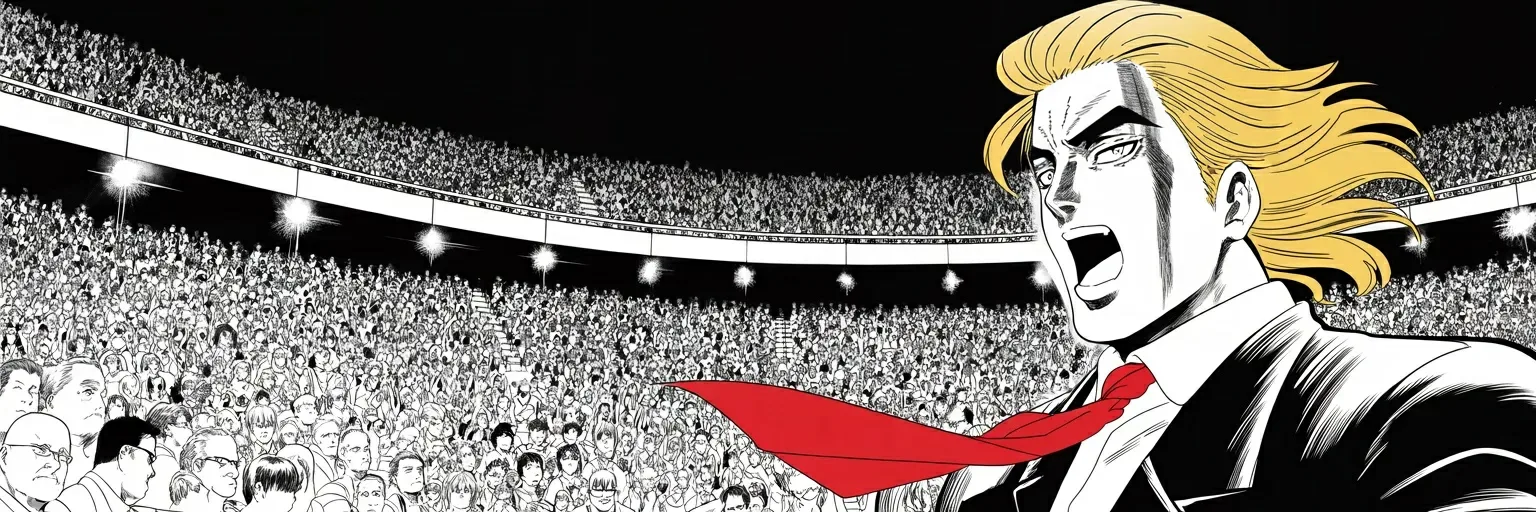 Manga panel 5 of 5, Week 497 “The United States Canal”: Sunday afternoon in Phoenix he says it from a stage for the first time, to an arena, and the phrase stops being a midnight note to himself.