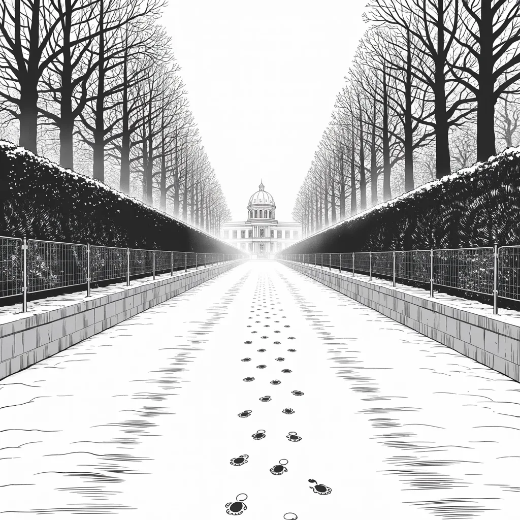 Manga panel 4 of 5, Week 499 “Certified”: Four years to the day, the same steps under a foot of snow, the barriers up and nobody behind them. Nothing happens, and that is the whole point.