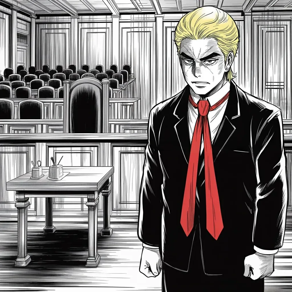 Manga panel 3 of 5, Week 500 “No Penalty”: Friday morning the last case ends the way none of them expected: guilty on thirty-four counts forever, and the penalty is nothing at all.