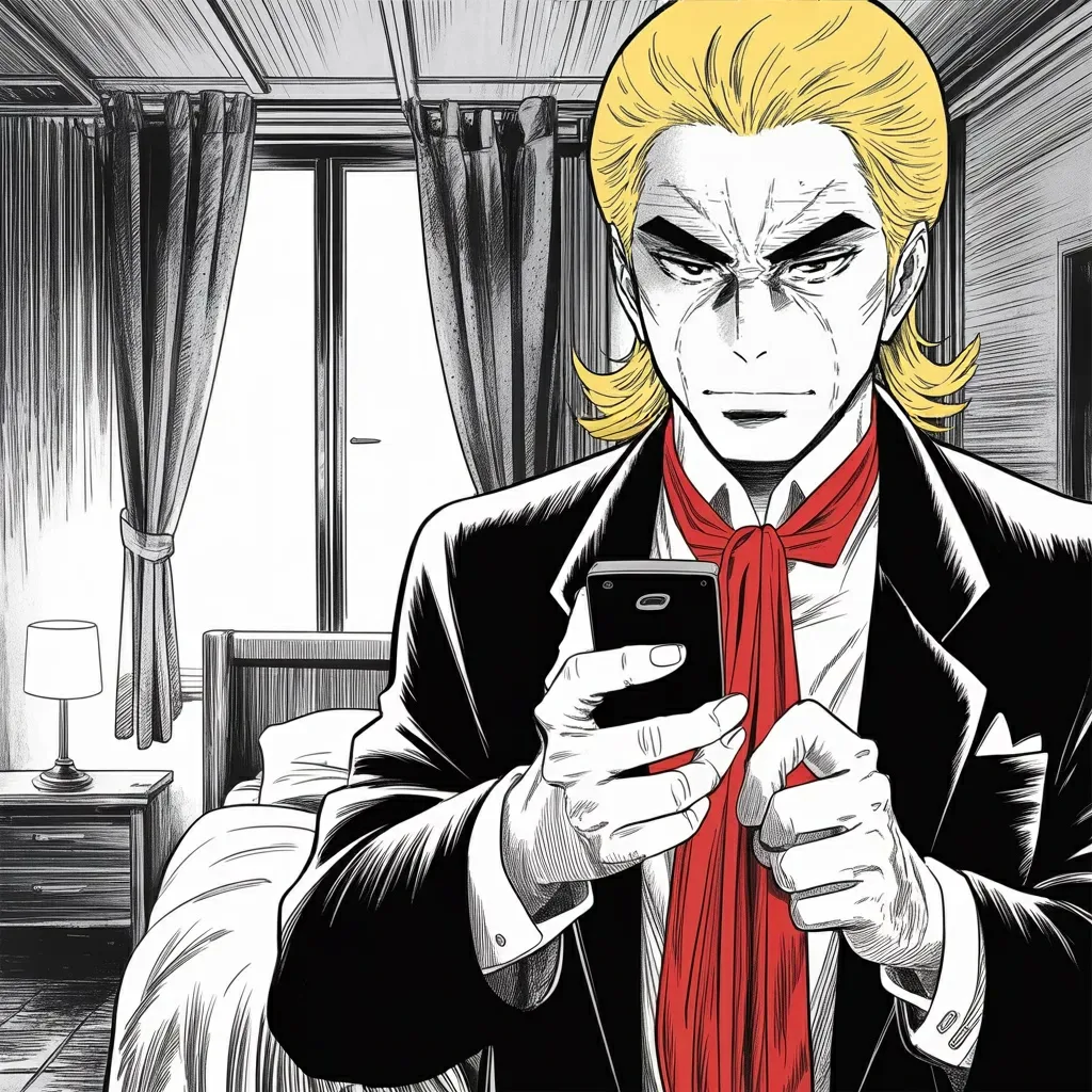 Manga panel 4 of 5, Week 500 “No Penalty”: At one in the morning the prosecutor who chased him for two years leaves the department, and he marks it twice before breakfast.
