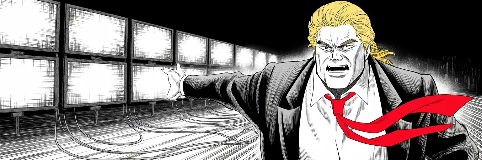 Manga panel 5 of 5, Week 500 “No Penalty”: Monday night, with a week to go, the fires are still burning and his answer is one line in capitals about a reservoir four hundred miles away.
