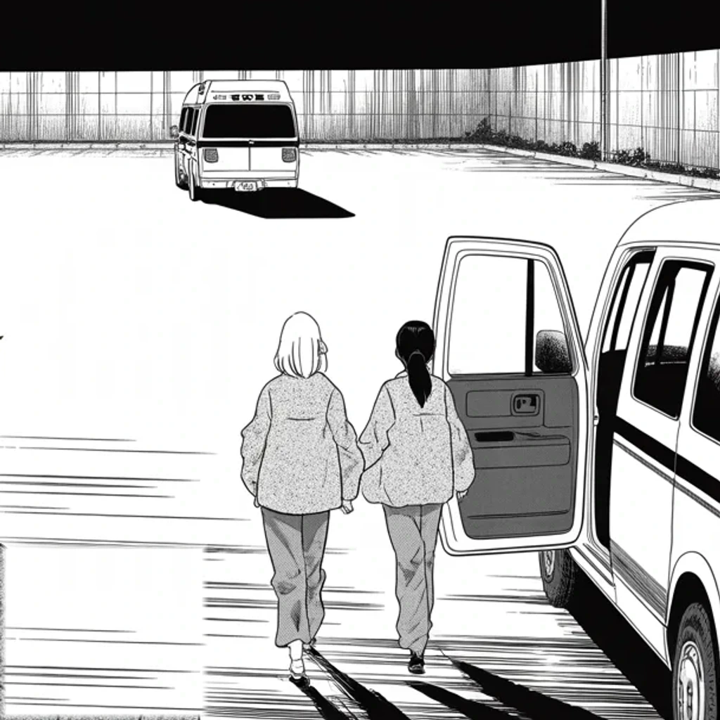 Manga panel 3 of 6, Week 501 “The Rotunda”: Sunday morning the first hostages walk out — figures in grey crossing a floodlit apron toward a waiting ambulance.