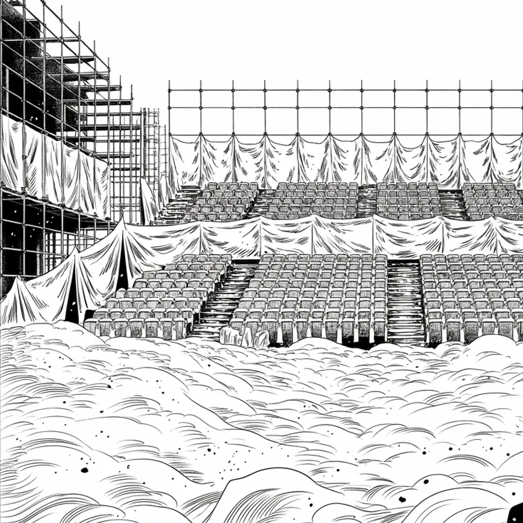 Manga panel 4 of 6, Week 501 “The Rotunda”: The forecast comes in at nine degrees and the ceremony moves indoors for the first time in forty years. The stands he was promised stay empty.