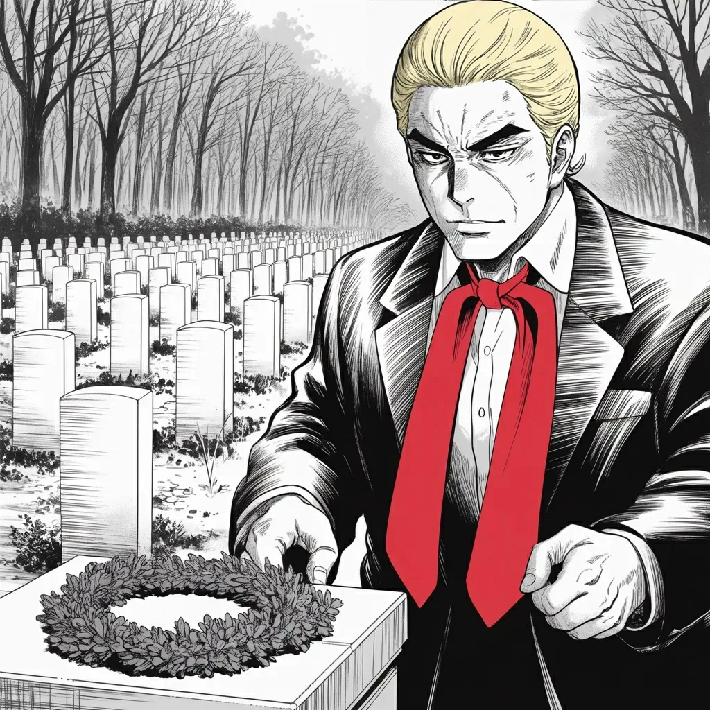 Manga panel 5 of 6, Week 501 “The Rotunda”: The day before, at a tomb nobody can put a name to, he stands still for a full minute with his head down.